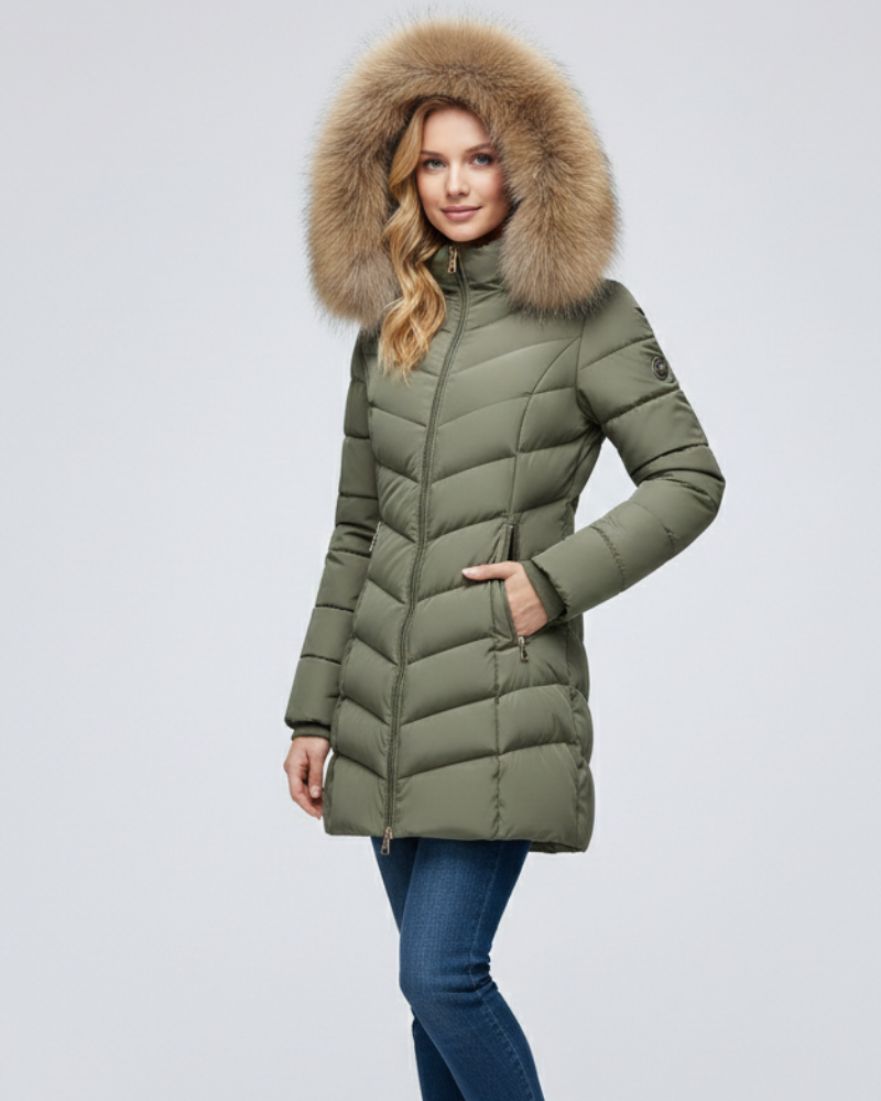 Doudoune femme à capuche amovible, matelassage en chevrons, vert