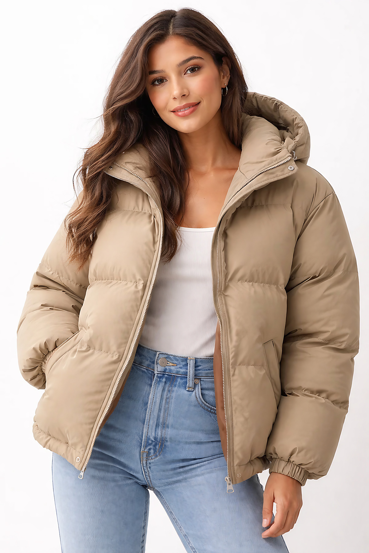 Doudoune légère à capuche femme, huit coloris, du XS au 3XL, kaki