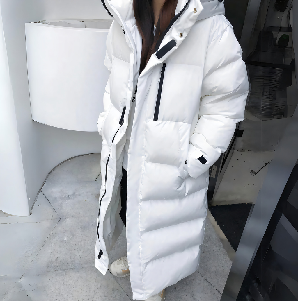 Doudoune longue femme oversize à capuche, noire ou blanche, blanc