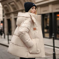 Doudoune femme oversize à capuche, col montant, poches à rabat, beige