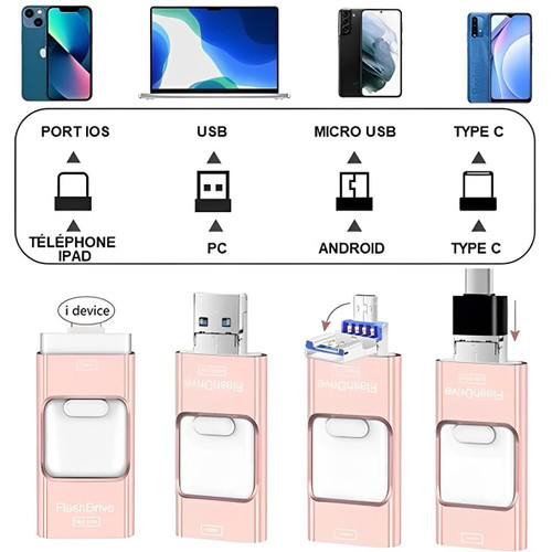 Clé USB 4 en 1 pour smartphone, tablette et ordinateur, 32 à 128 Go