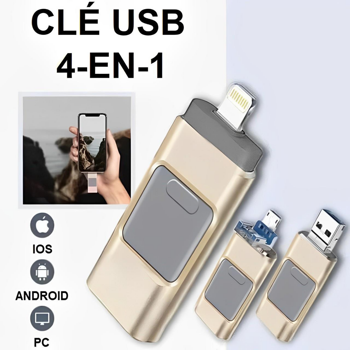Clé USB 4 en 1 pour smartphone, tablette et ordinateur, 32 à 128 Go