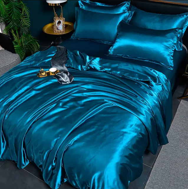 Linge de lit en satin uni, quatre dimensions, quinze coloris, vert et bleu