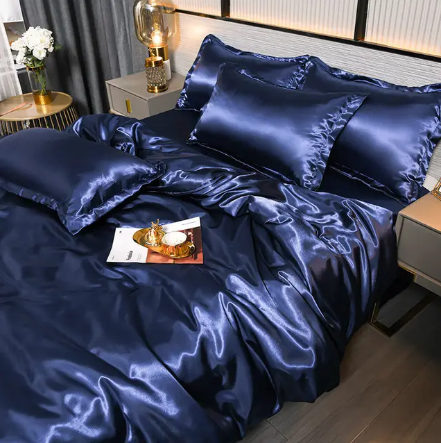 Linge de lit en satin uni, quatre dimensions, quinze coloris, bleu foncé