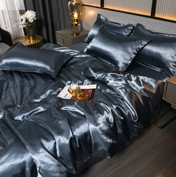 Linge de lit en satin uni, quatre dimensions, quinze coloris, bleu et gris