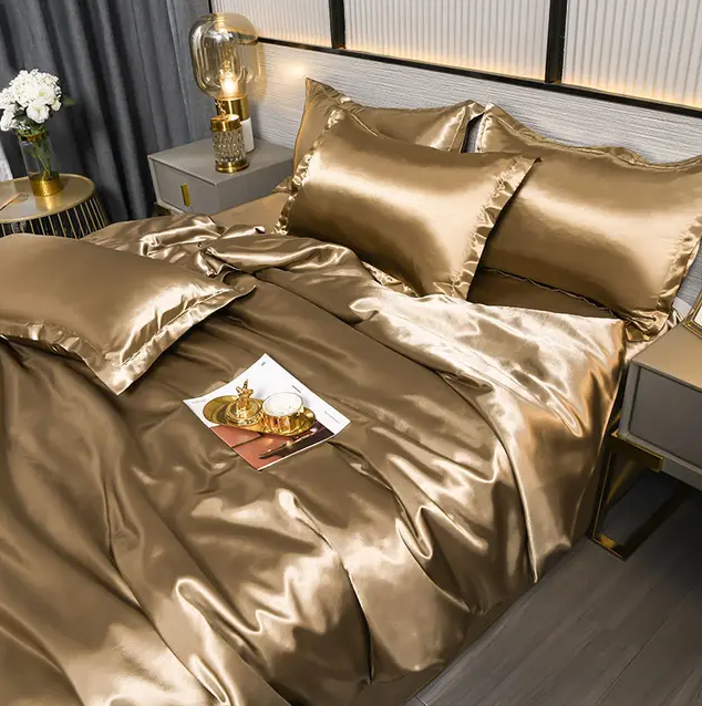 Linge de lit en satin uni, quatre dimensions, quinze coloris, or foncé