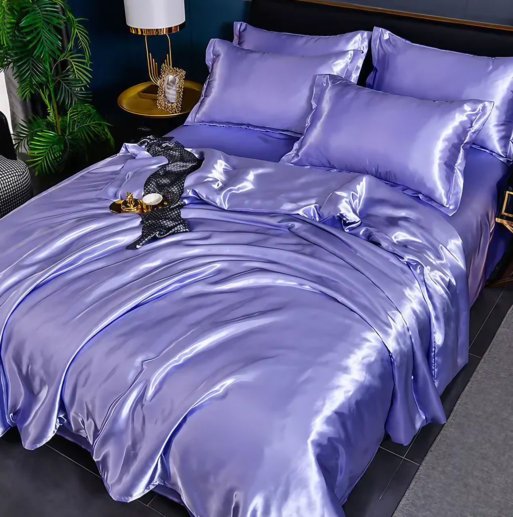 Linge de lit en satin uni, quatre dimensions, quinze coloris, bleu et violet
