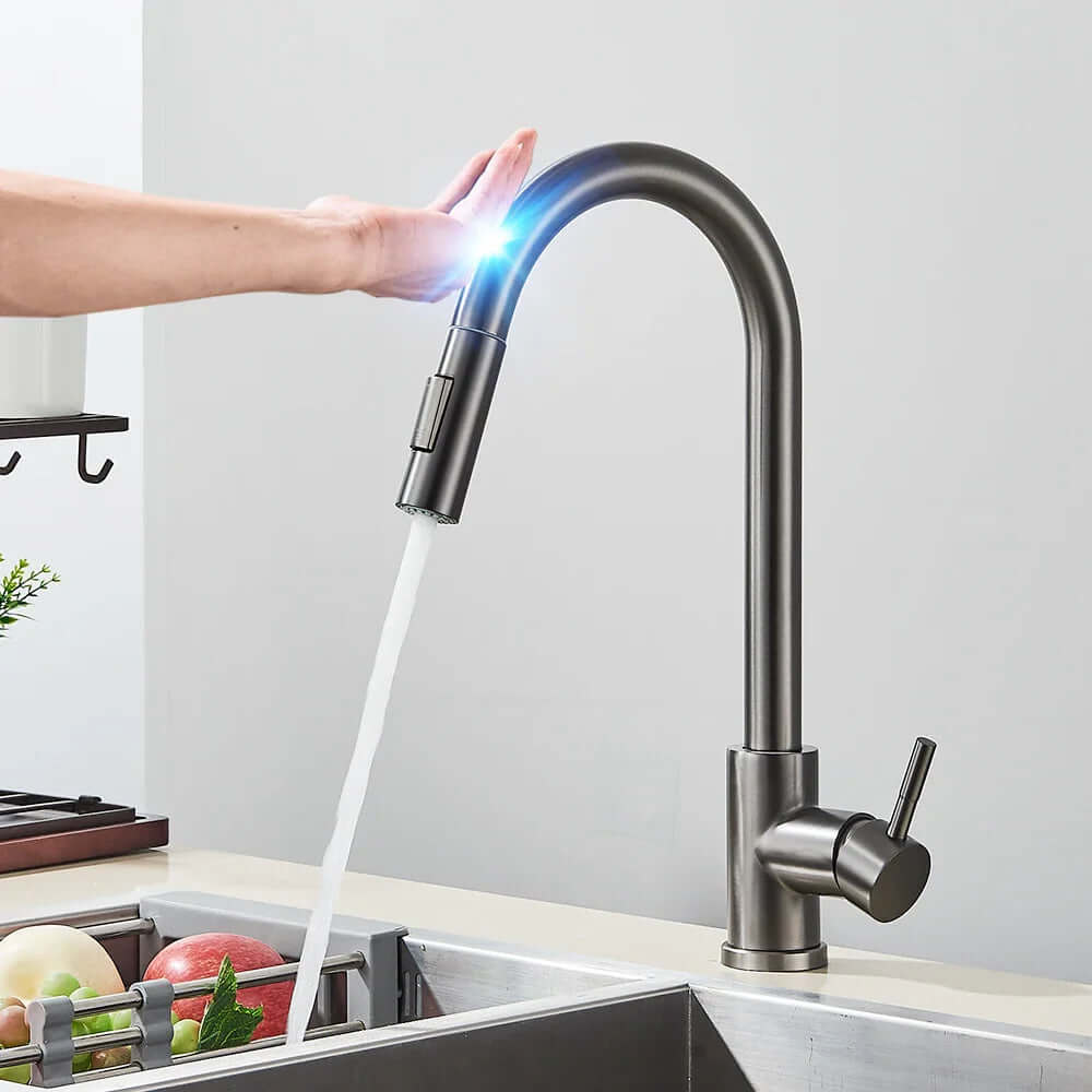 Mitigeur de cuisine tactile à douchette extractible, acier inoxydable, gris
