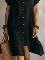 Robe chemise midi femme à manches courtes et boutons contrastants