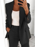 Tailleur pantalon femme, blazer col V et pantalon large, noir