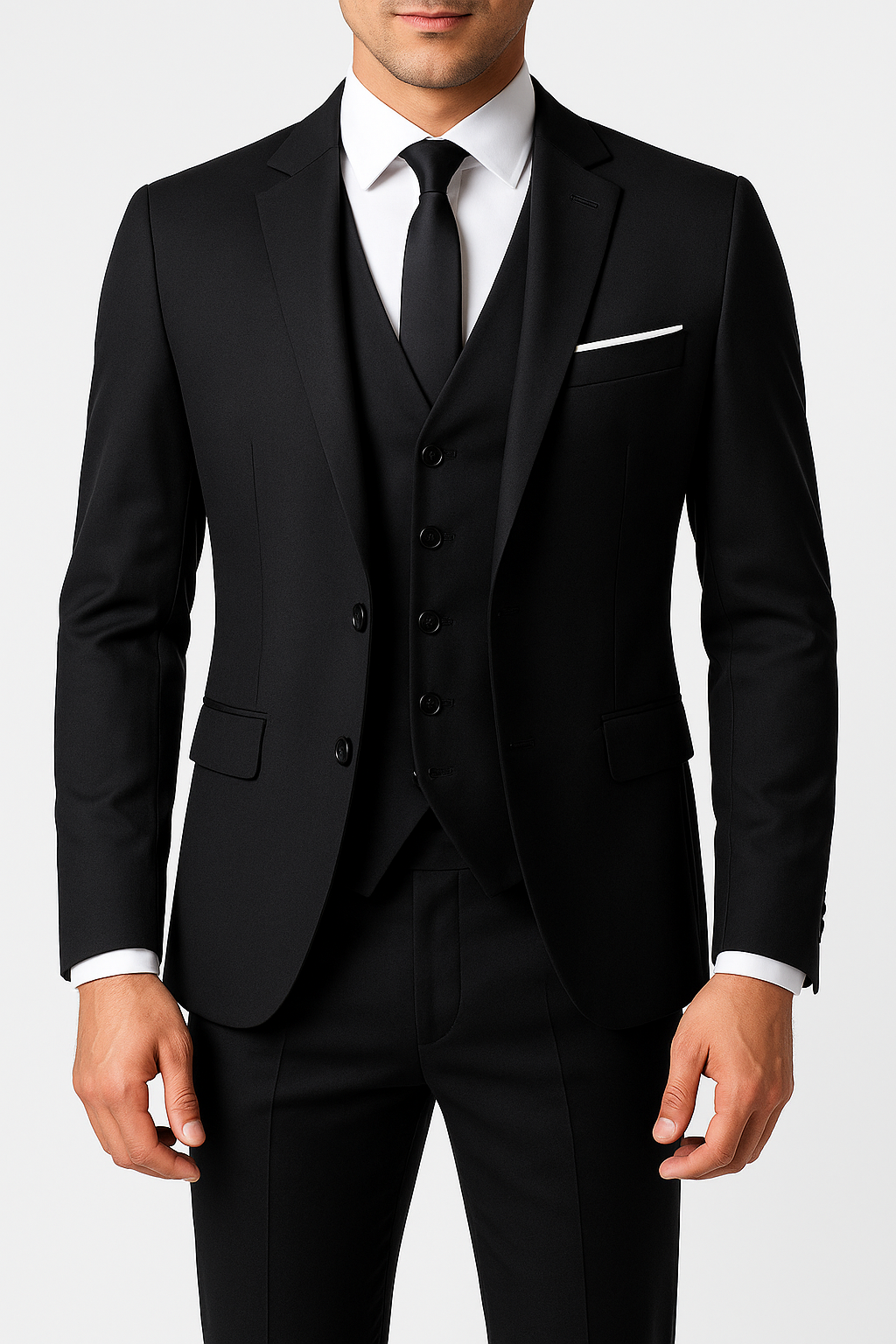 Costume 3 pièces homme, veste deux boutons, gilet et pantalon, noir
