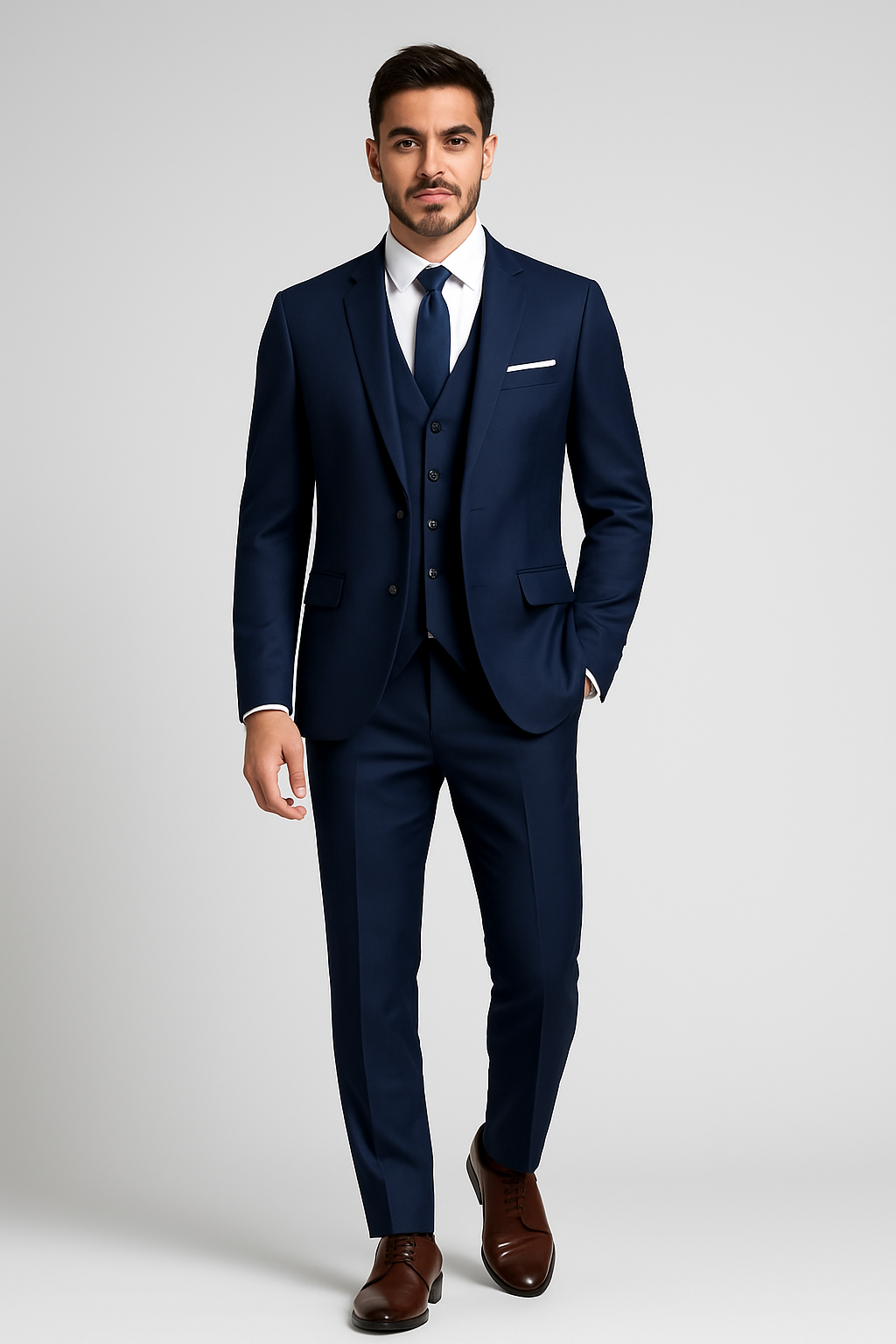 Costume 3 pièces homme, veste deux boutons, gilet et pantalon, bleu marine