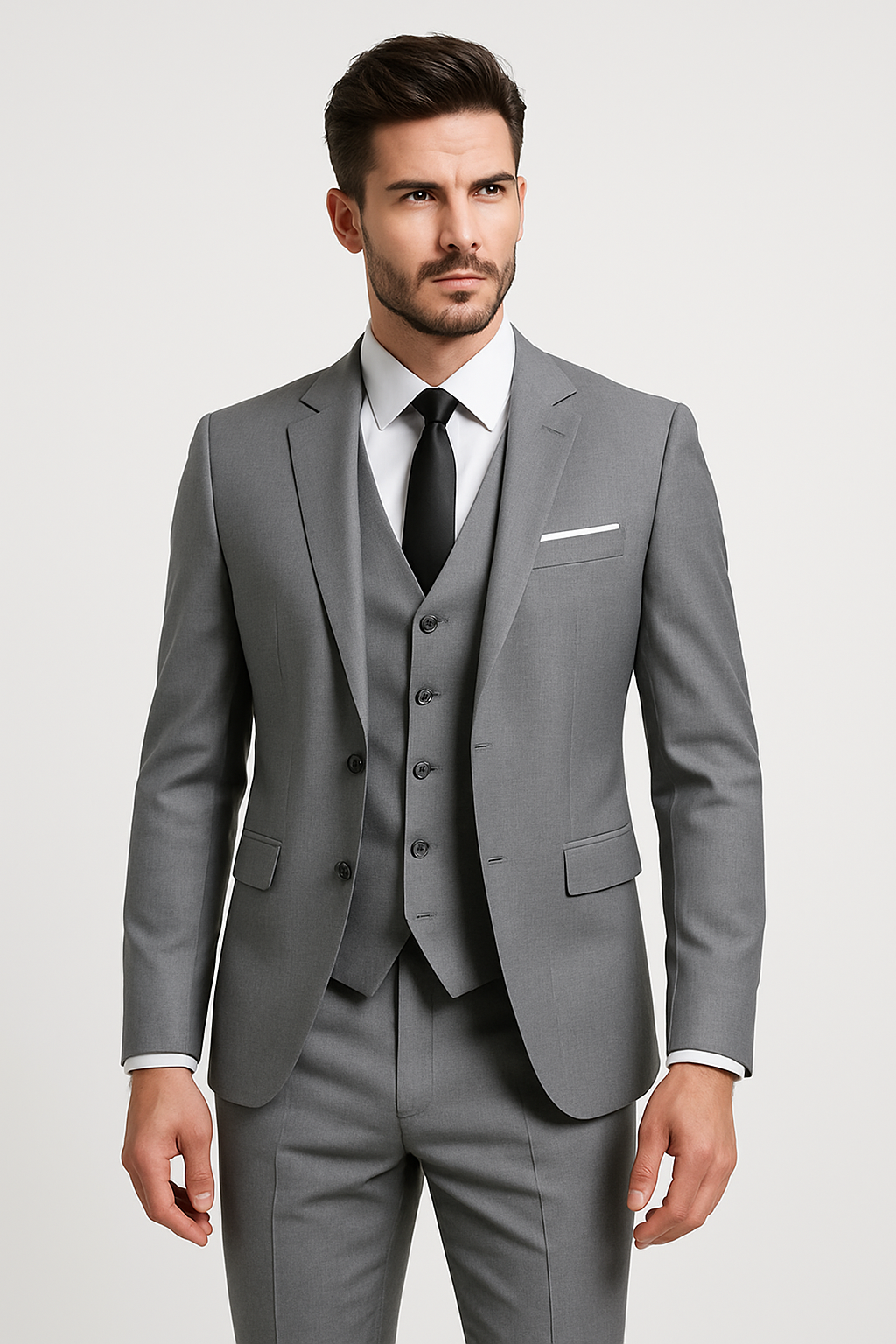 Costume 3 pièces homme, veste deux boutons, gilet et pantalon, gris