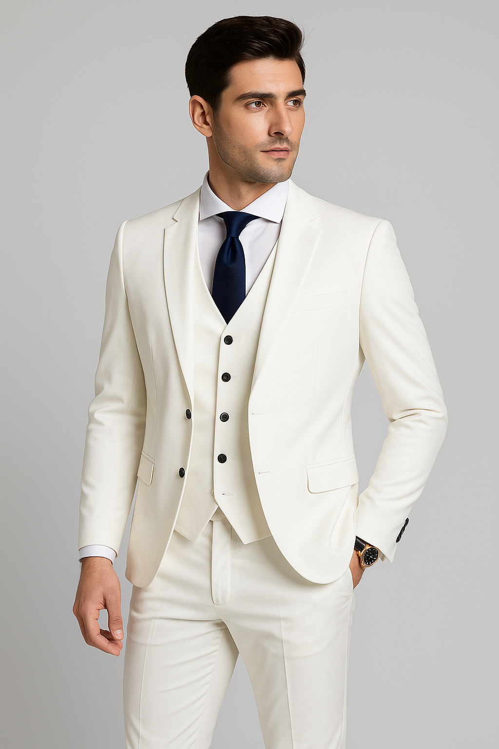 Costume 3 pièces homme, veste deux boutons, gilet et pantalon, blanc