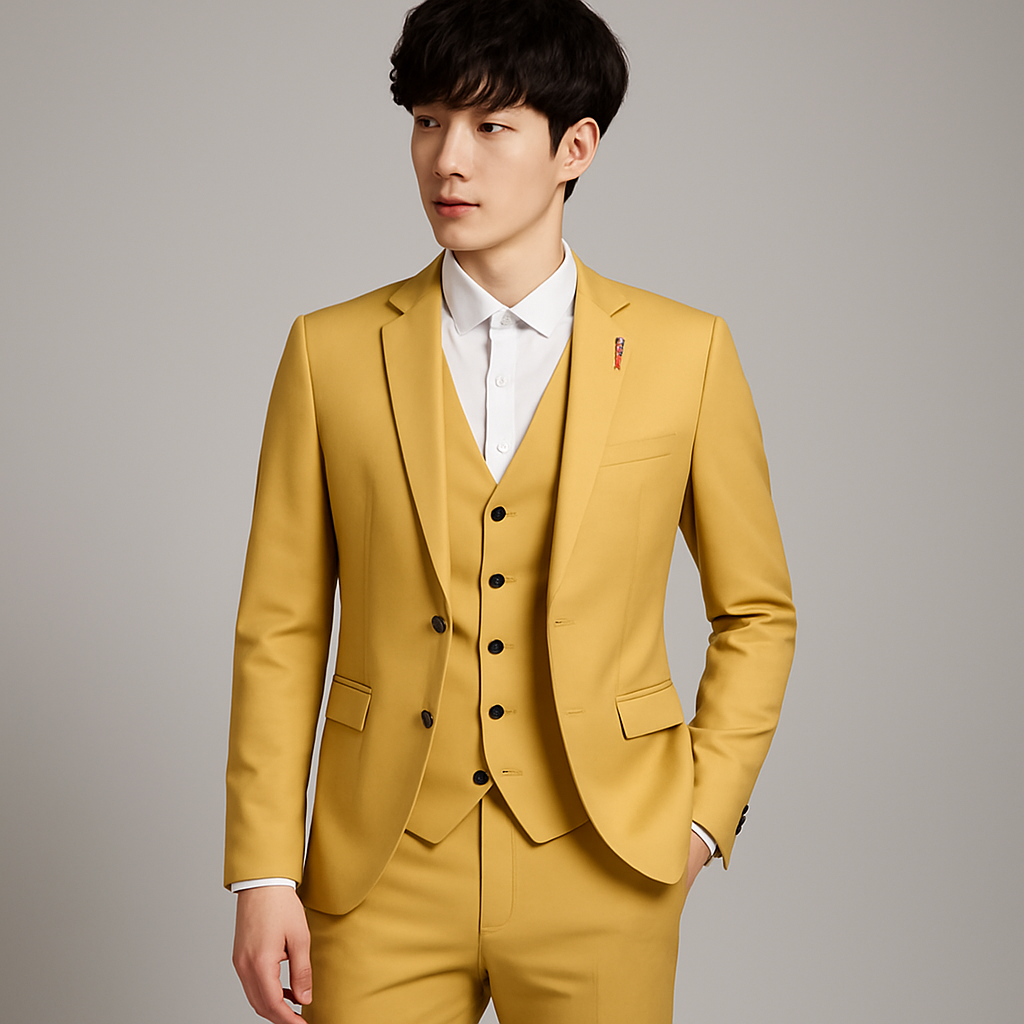 Costume 3 pièces homme, veste deux boutons, gilet et pantalon, jaune