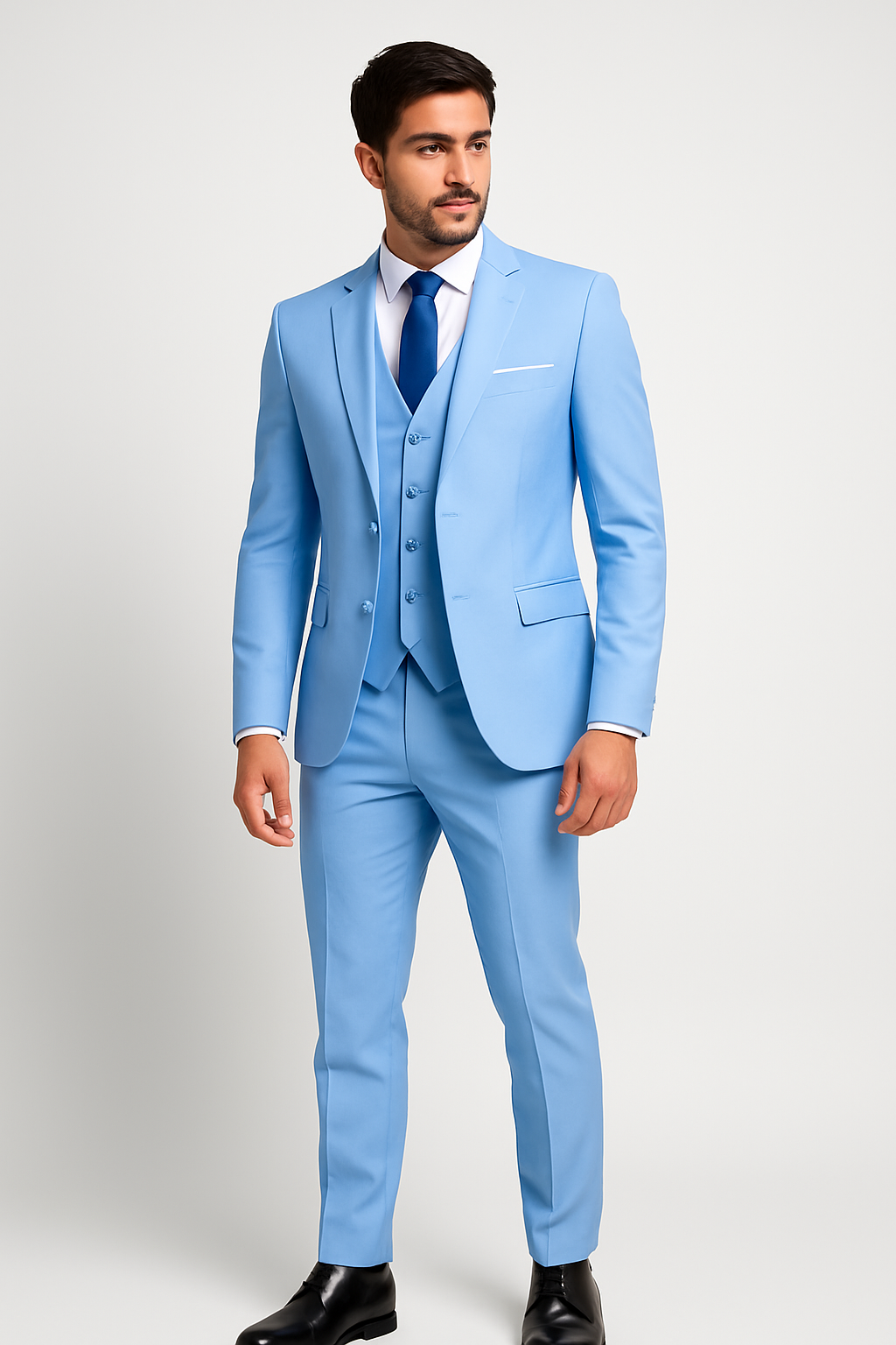 Costume 3 pièces homme, veste deux boutons, gilet et pantalon, bleu clair