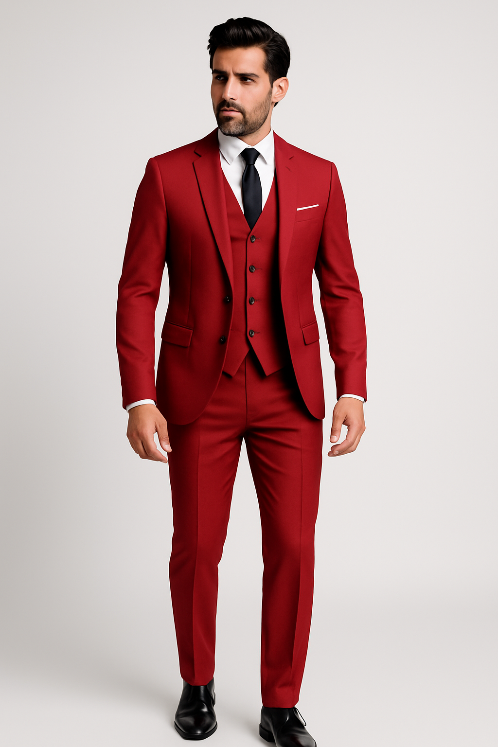 Costume 3 pièces homme, veste deux boutons, gilet et pantalon, rouge