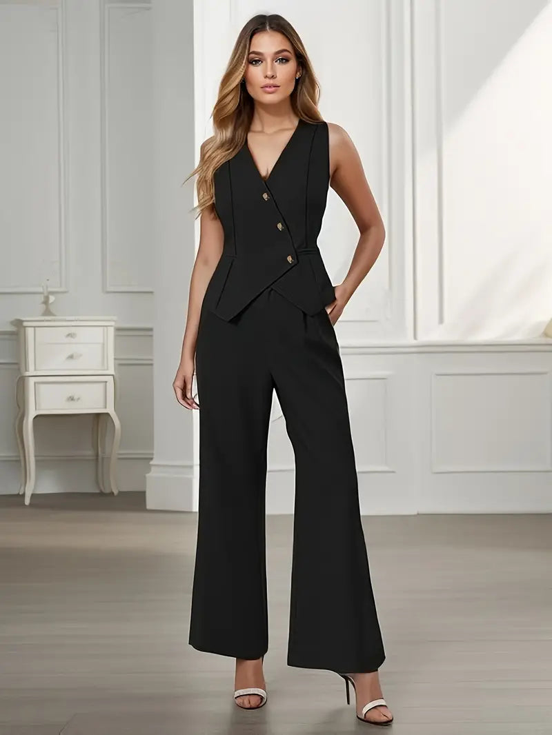 Ensemble femme gilet de tailleur et pantalon évasé, trois coloris