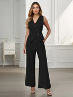 Ensemble femme gilet de tailleur et pantalon évasé, trois coloris