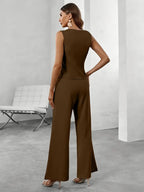 Ensemble femme gilet de tailleur et pantalon évasé, trois coloris