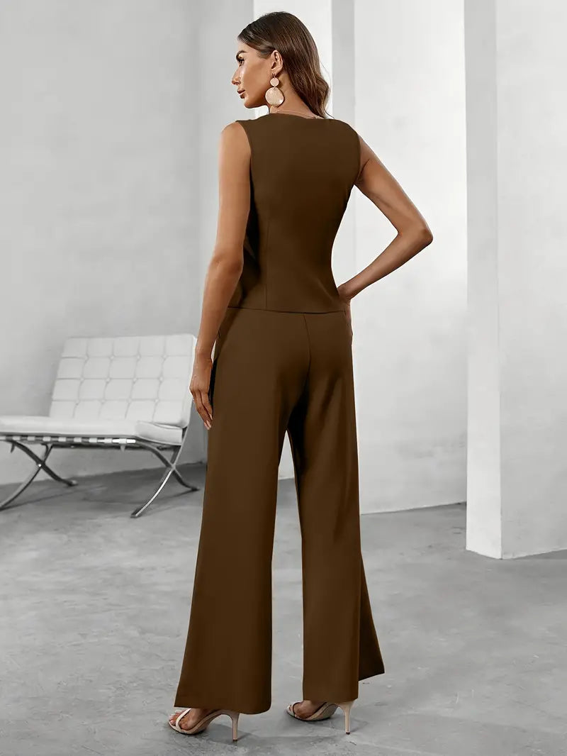 Ensemble femme gilet de tailleur et pantalon évasé, trois coloris