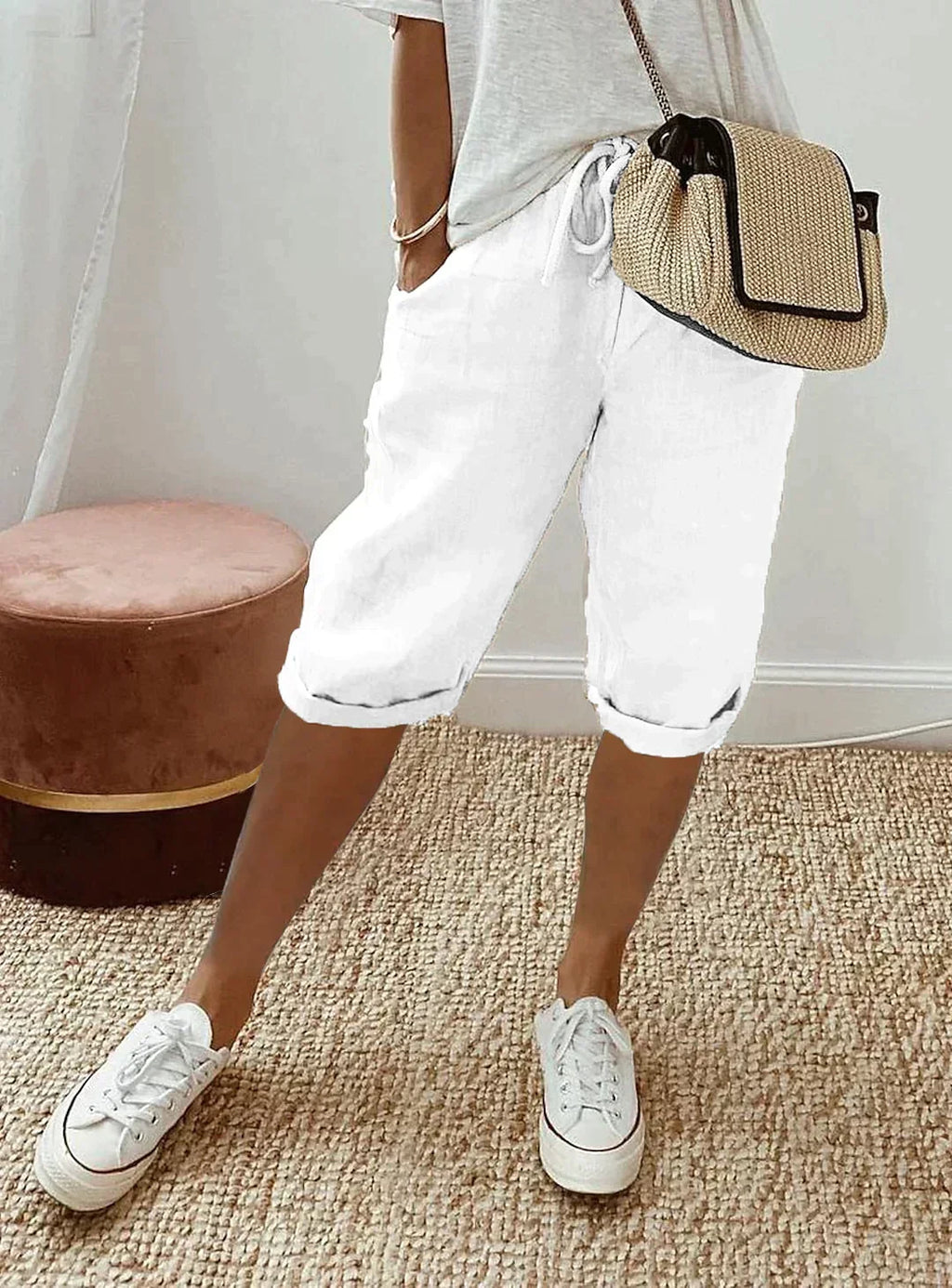 Pantalon femme d'été coupe classique, quatre coloris, blanc