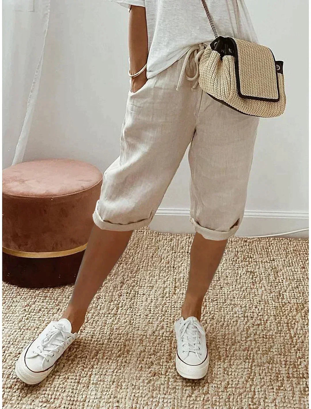 Pantalon femme d'été coupe classique, quatre coloris, beige