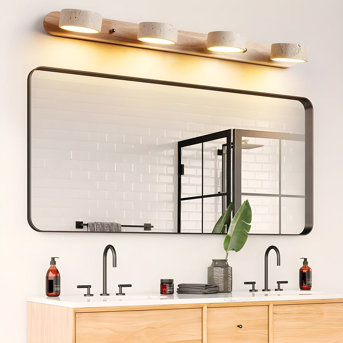 Applique murale en travertin et bois, LED intégrée, 2 à 4 lumières