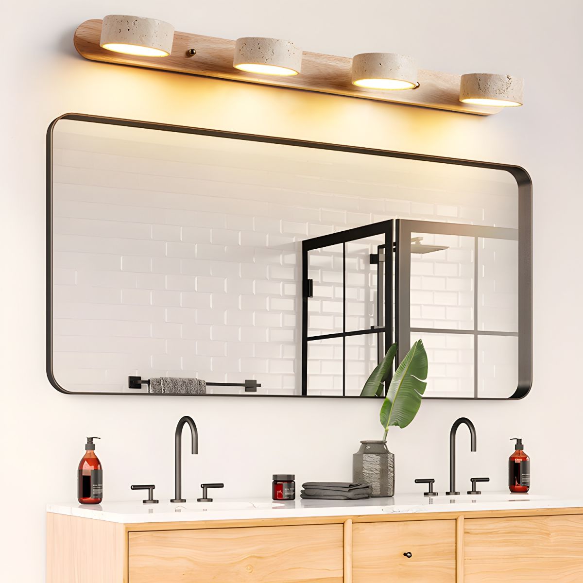 Applique murale en travertin et bois, LED intégrée, 2 à 4 lumières