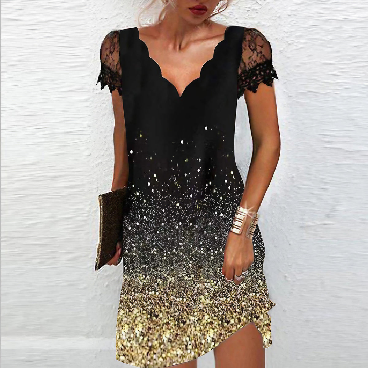 Robe pailletée femme à manches en dentelle, du S au 5XL, doré