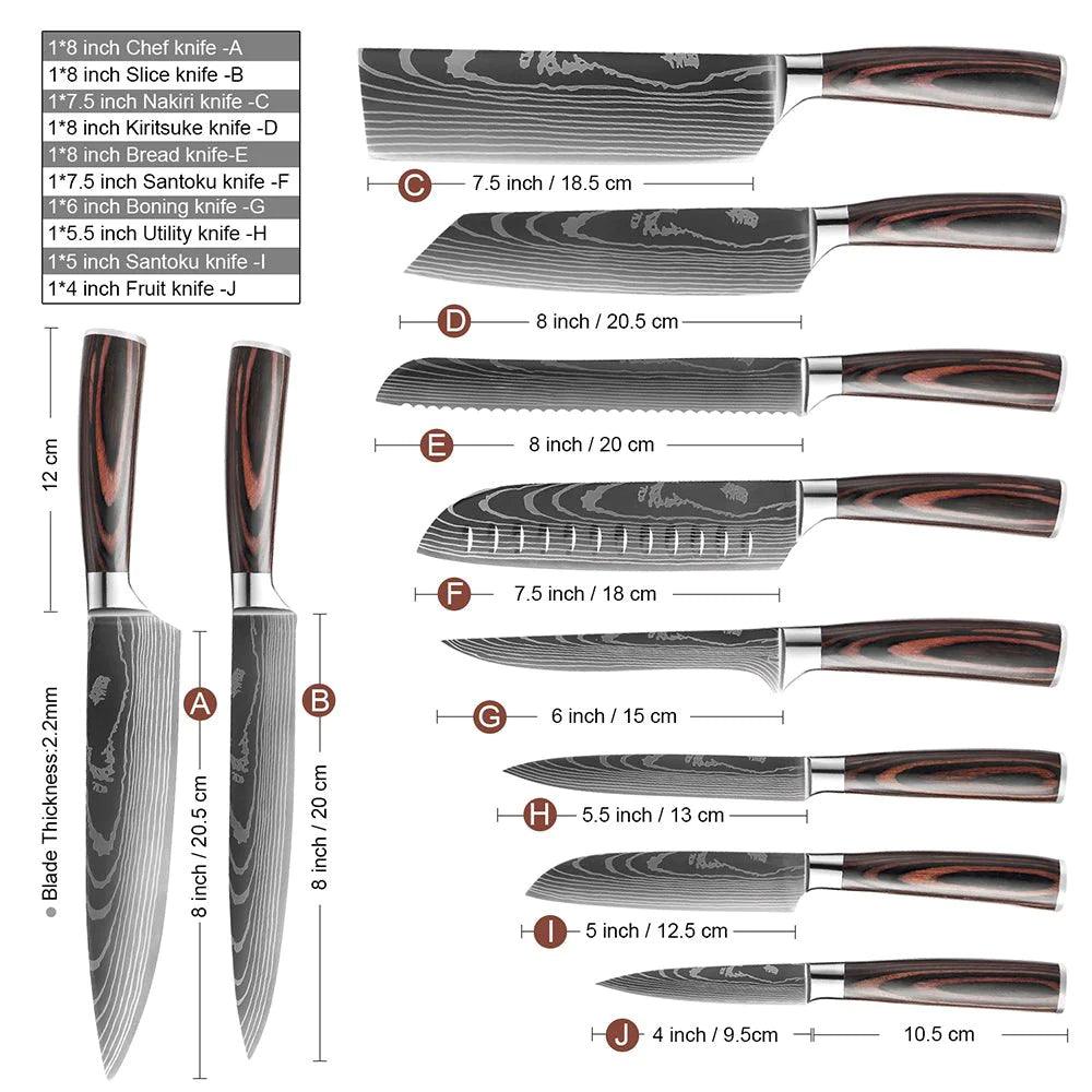 Set de couteaux de cuisine 10 pièces, acier 7Cr17MoV motif damassé