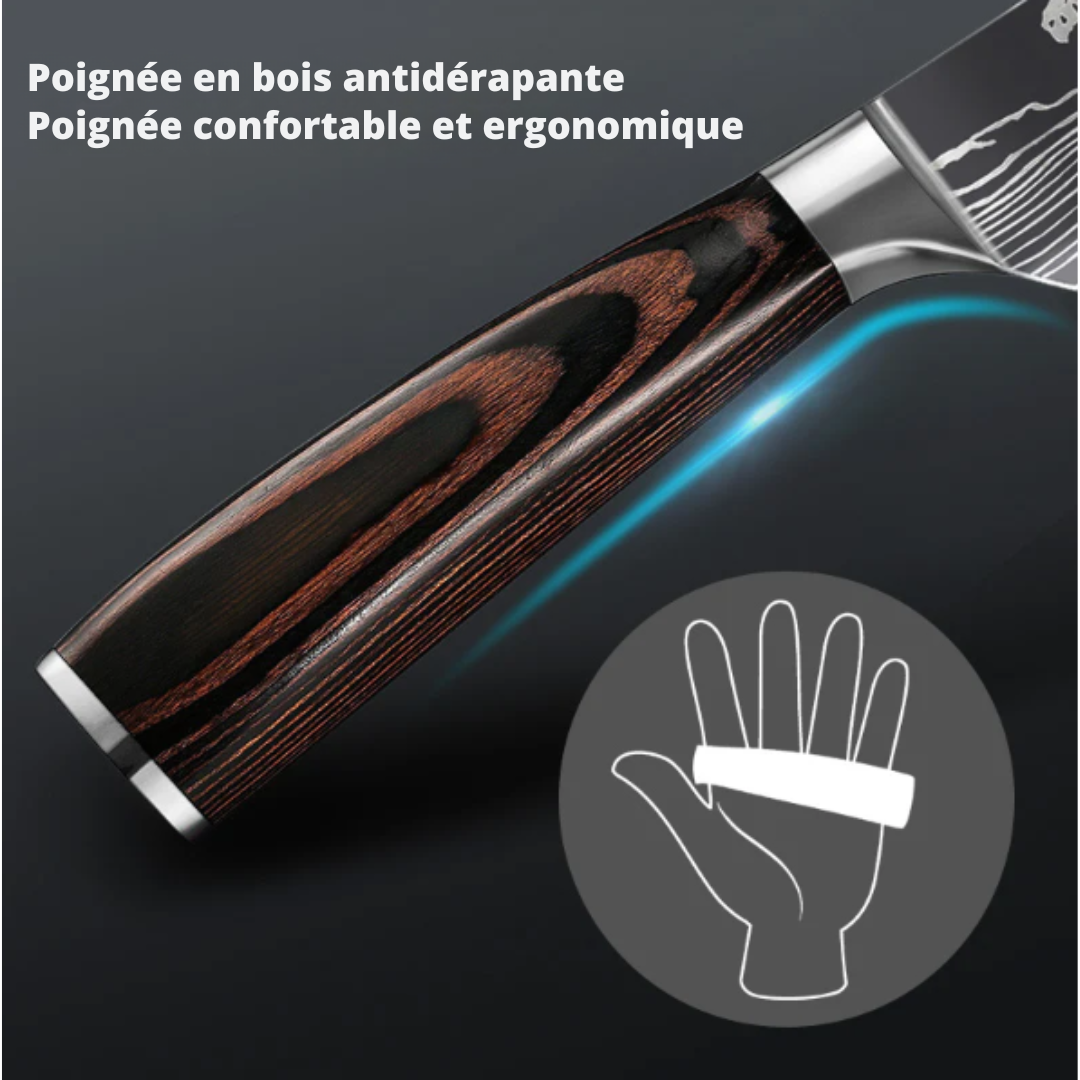 Set de couteaux de cuisine 10 pièces, acier 7Cr17MoV motif damassé