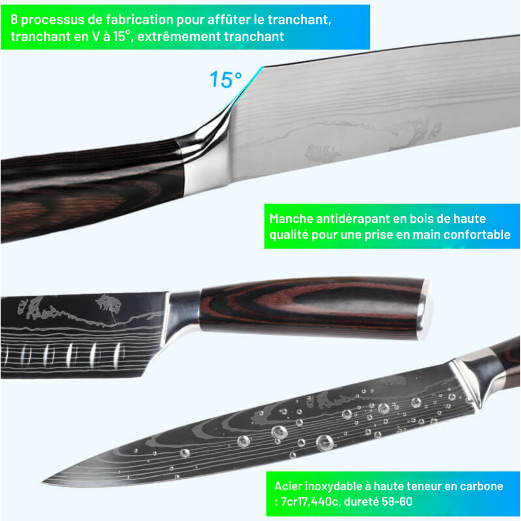 Set de couteaux de cuisine 10 pièces, acier 7Cr17MoV motif damassé