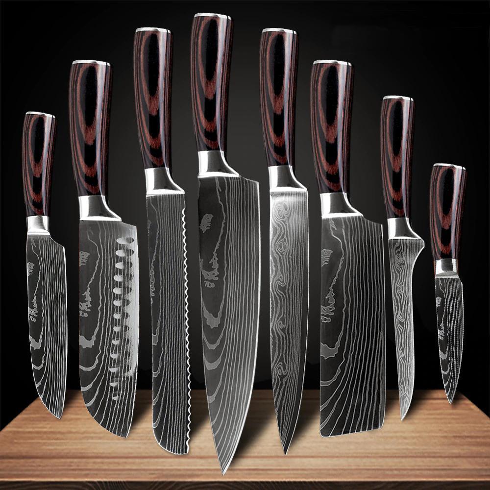 Set de couteaux de cuisine 10 pièces, acier 7Cr17MoV motif damassé