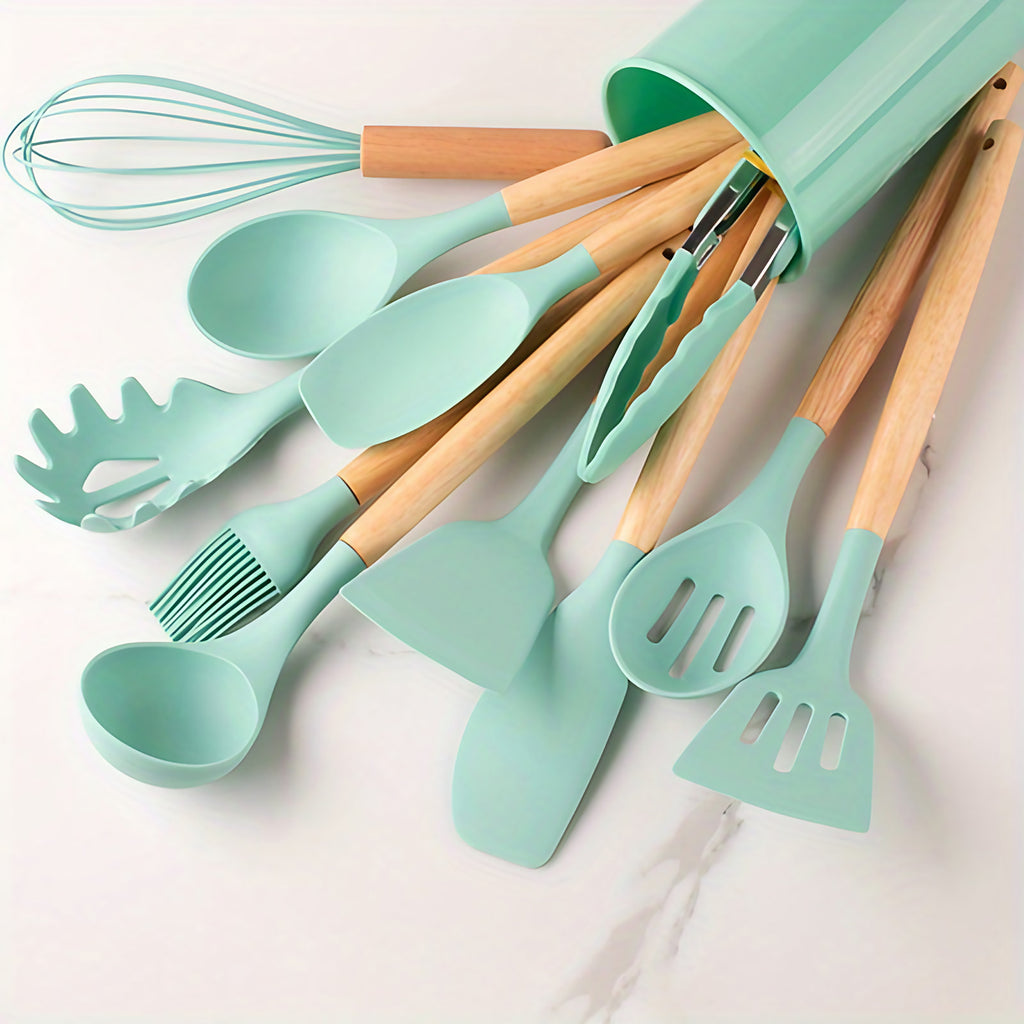 Ustensiles de cuisine en silicone, lot de 12, jusqu'à 230 °C, vert