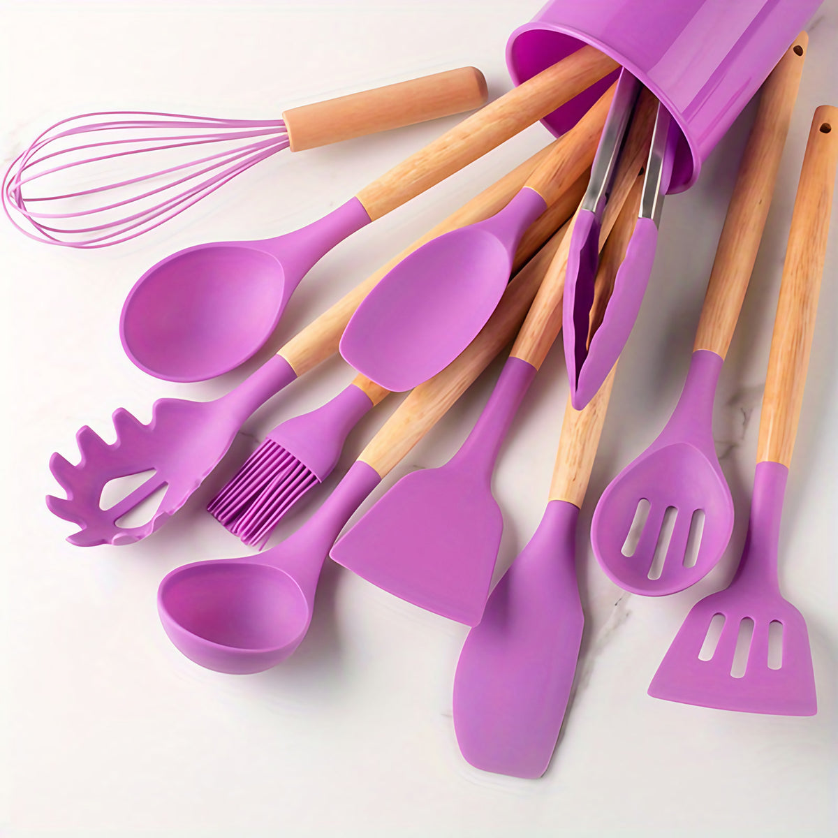 Ustensiles de cuisine en silicone, lot de 12, jusqu'à 230 °C, lilas