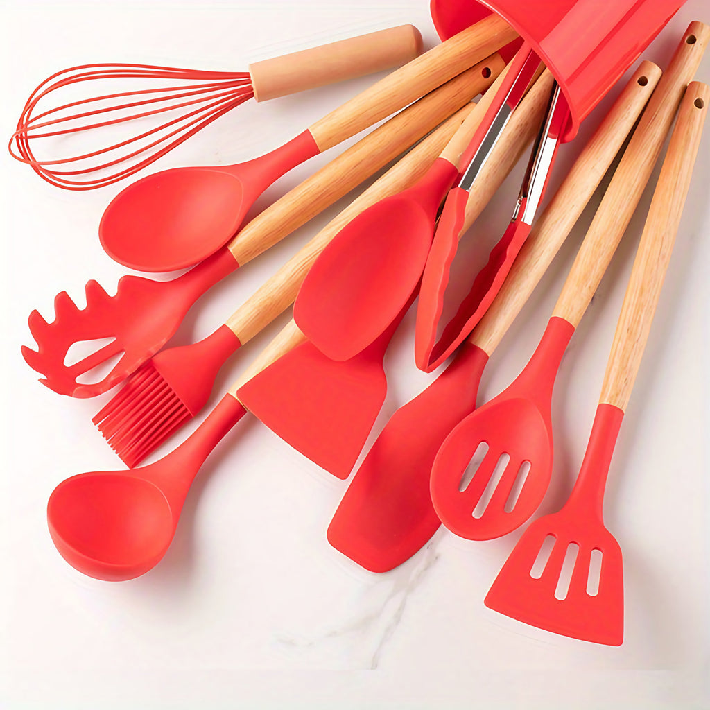 Ustensiles de cuisine en silicone, lot de 12, jusqu'à 230 °C, rouge