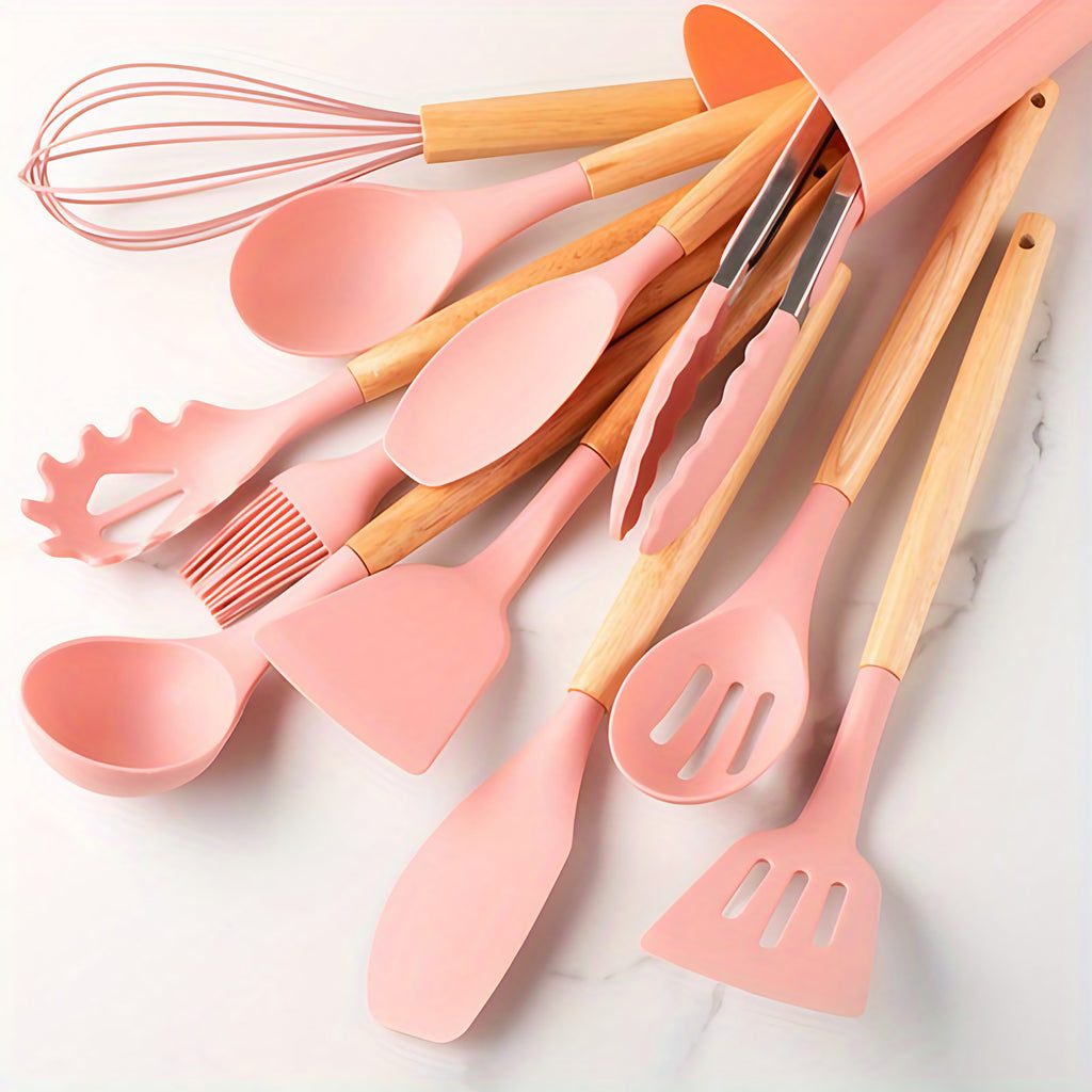 Ustensiles de cuisine en silicone, lot de 12, jusqu'à 230 °C, rose