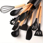 Ustensiles de cuisine en silicone, lot de 12, jusqu'à 230 °C, noir