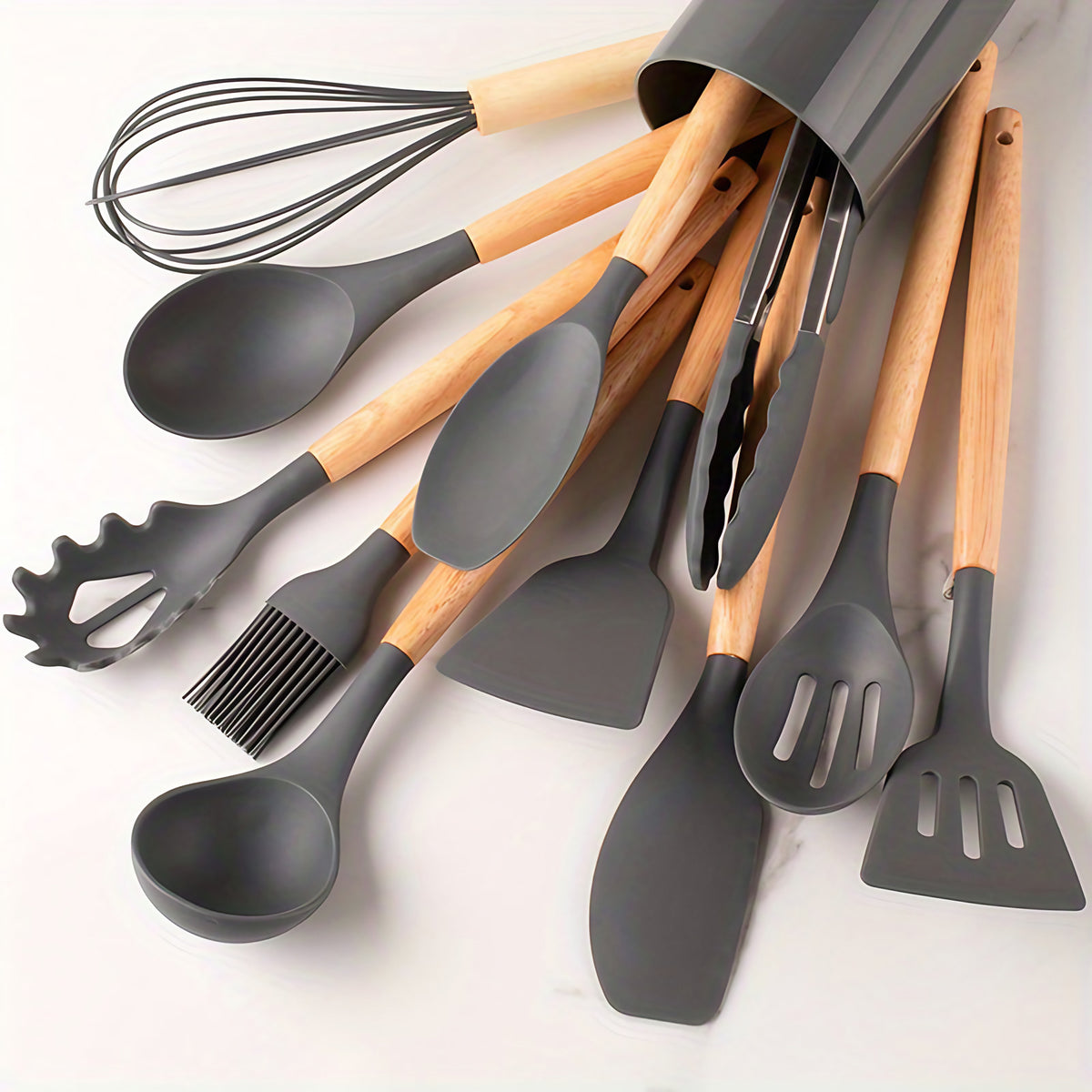 Ustensiles de cuisine en silicone, lot de 12, jusqu'à 230 °C, gris