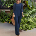 Ensemble femme deux pièces, haut manches 3/4 et pantalon, bleu, bleu