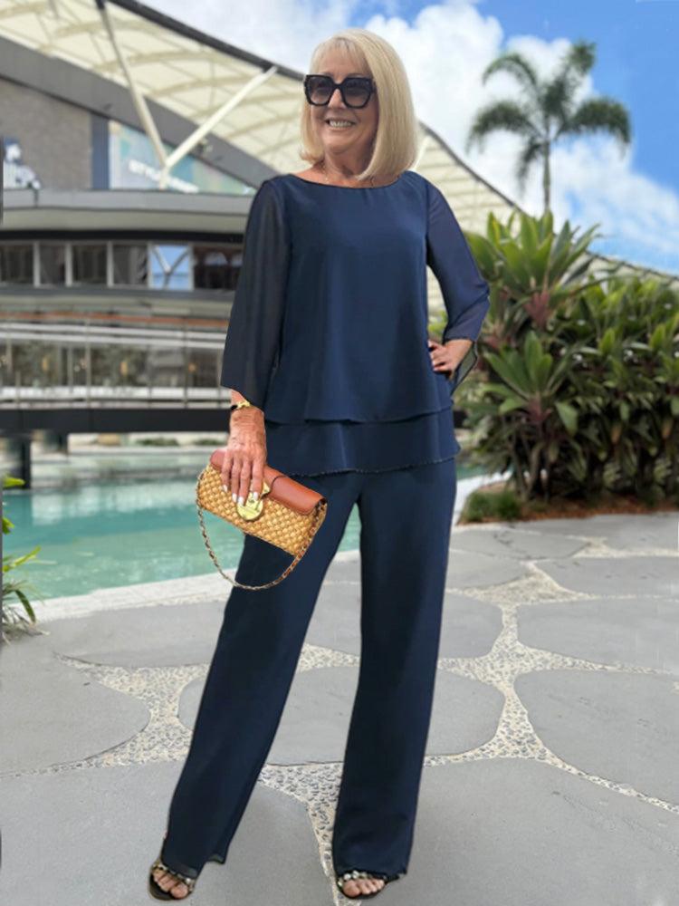 Ensemble femme deux pièces, haut manches 3/4 et pantalon, bleu