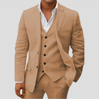 Costume 3 pièces homme : blazer, gilet et pantalon, coupe ajustée, kaki
