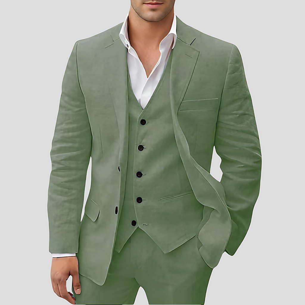 Costume 3 pièces homme : blazer, gilet et pantalon, coupe ajustée, vert
