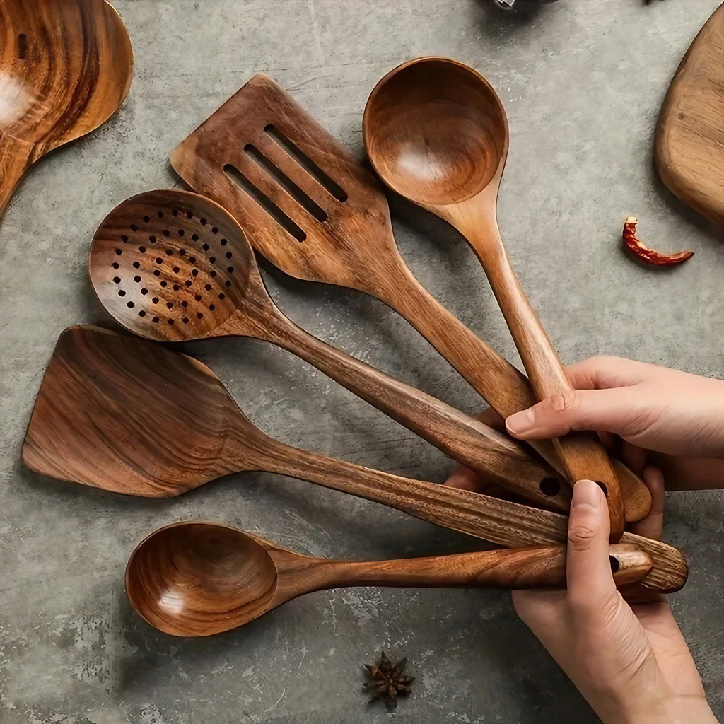 Ustensiles de cuisine en bois, lot de 5 pièces au style rustique