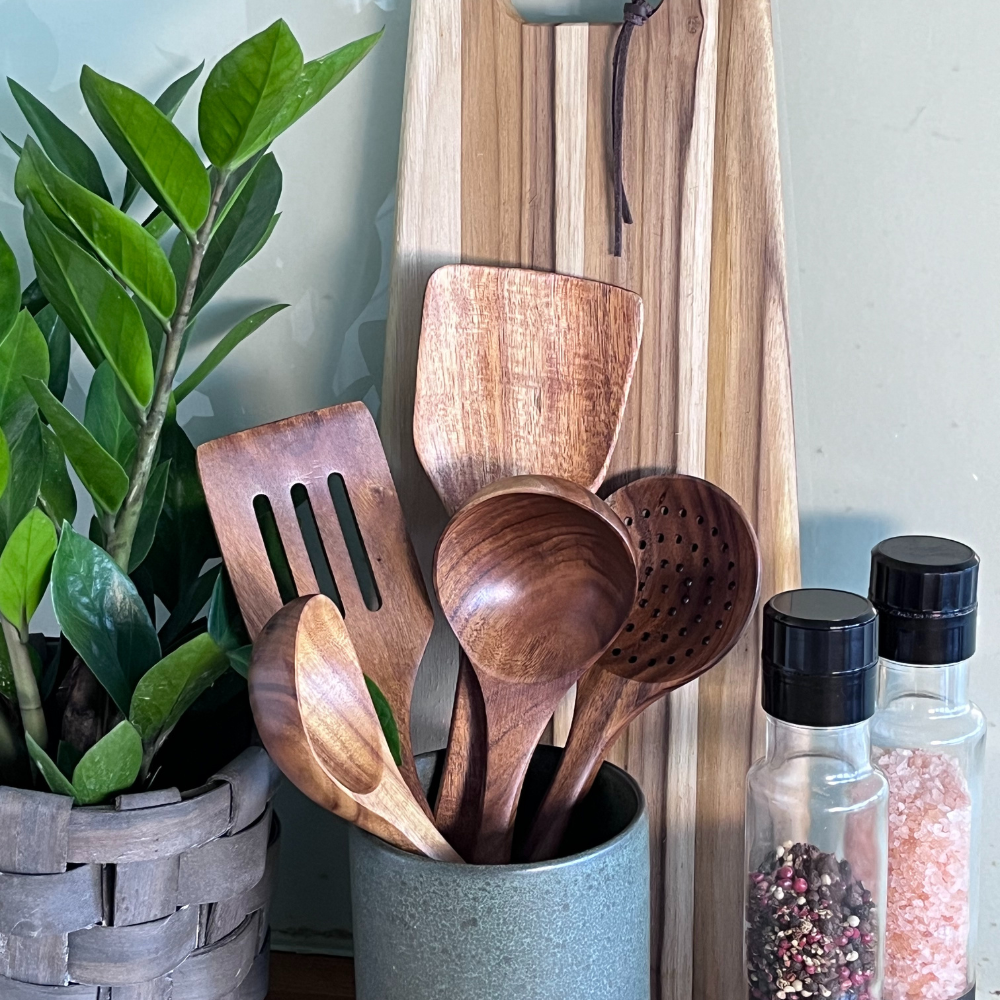 Ustensiles de cuisine en bois, lot de 5 pièces au style rustique