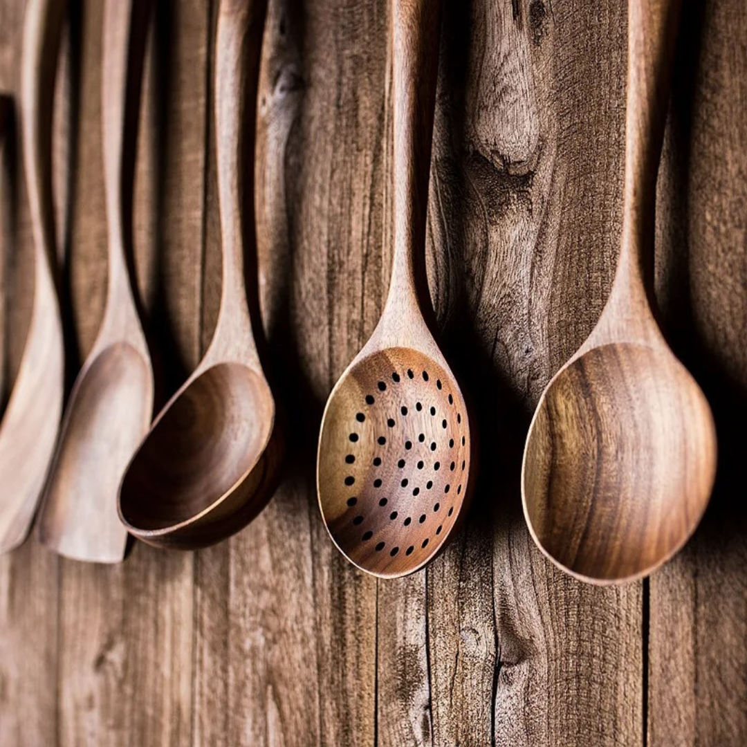 Ustensiles de cuisine en bois, lot de 5 pièces au style rustique