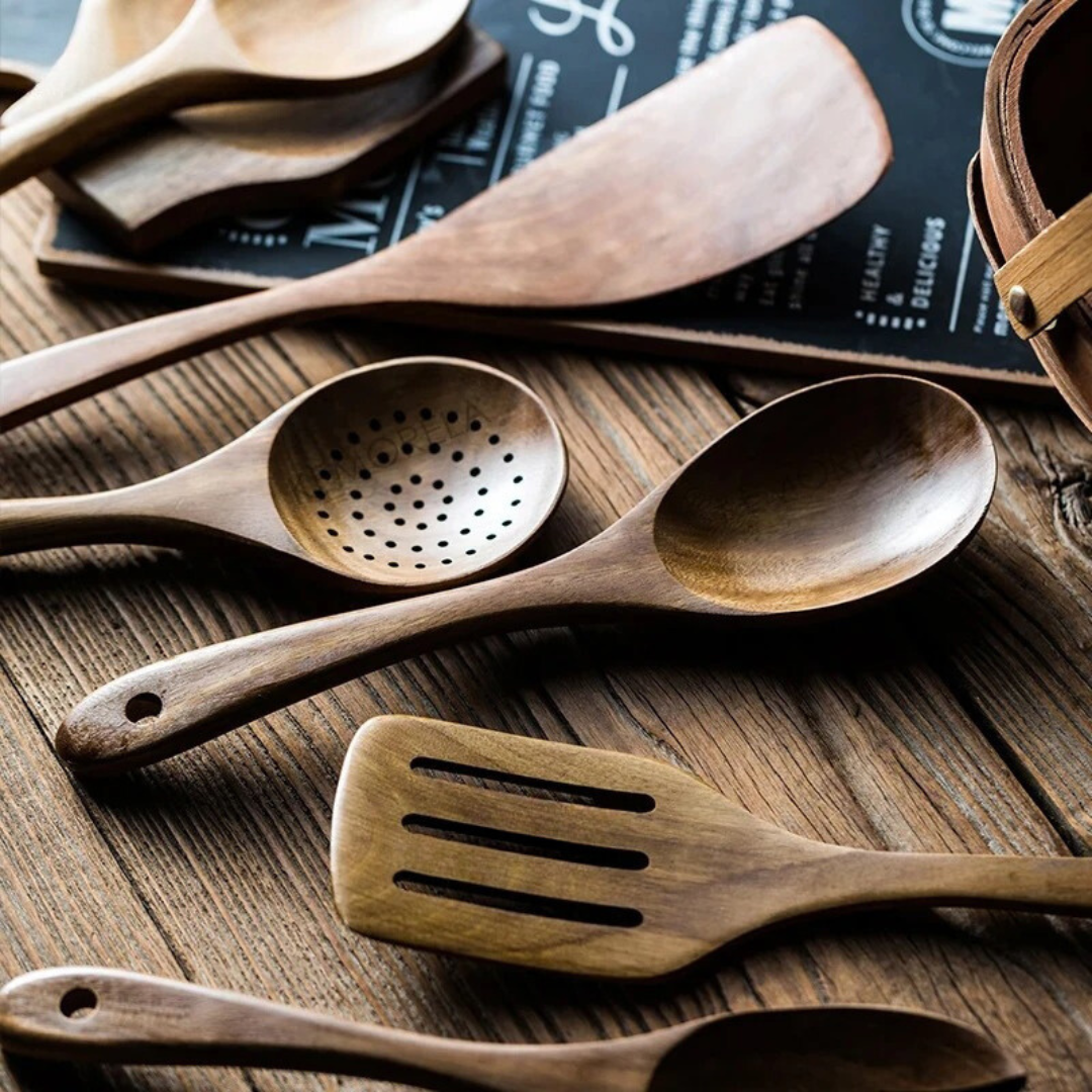 Ustensiles de cuisine en bois, lot de 5 pièces au style rustique