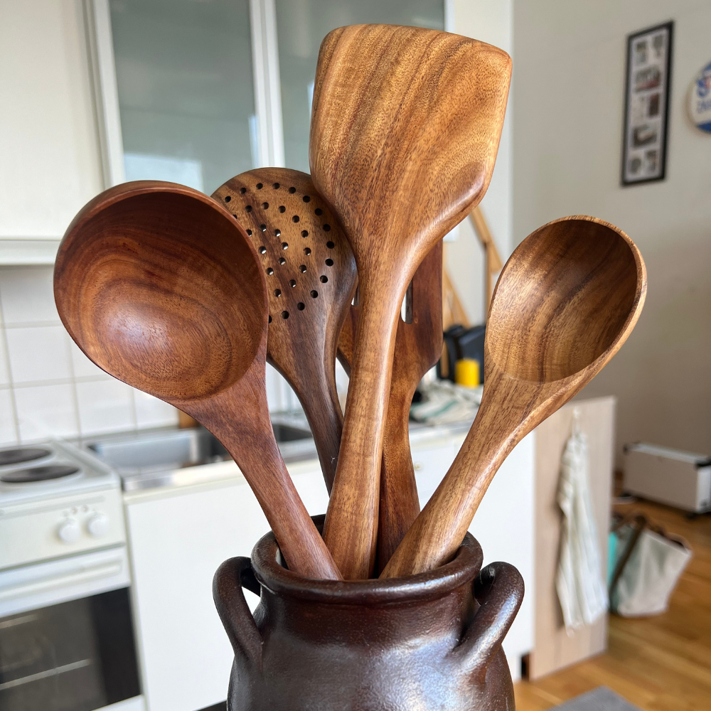 Ustensiles de cuisine en bois, lot de 5 pièces au style rustique