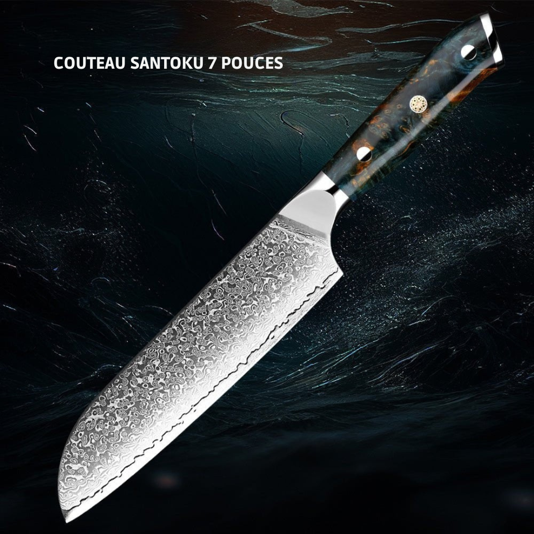 Set de 7 couteaux de cuisine en acier damas VG10, manches en bois
